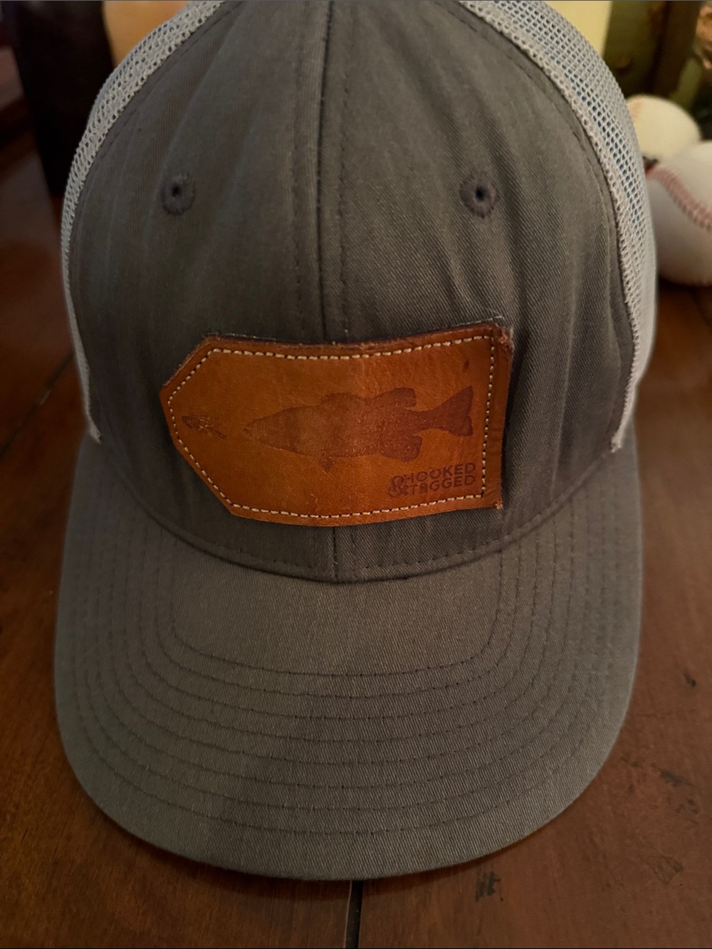 Hooked & Tagged Leather Patch Trucker Hat - Gray
